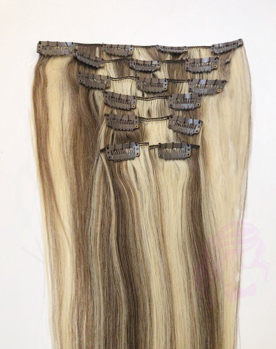 Натуральные волосы на заколках 38 см, 7 прядей, 70 грамм, орех с мелированием (№08/613)