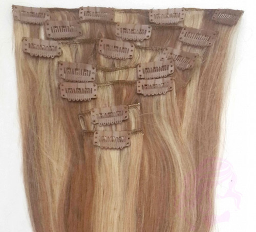 Натуральные волосы на заколках 38 см, 7 прядей, 70 грамм, русые с мелированием (№12/613)