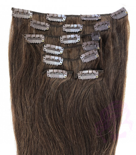 Натуральные волосы на заколках 38 см, 7 прядей, 100 грамм, темно-коричневые (№02)
