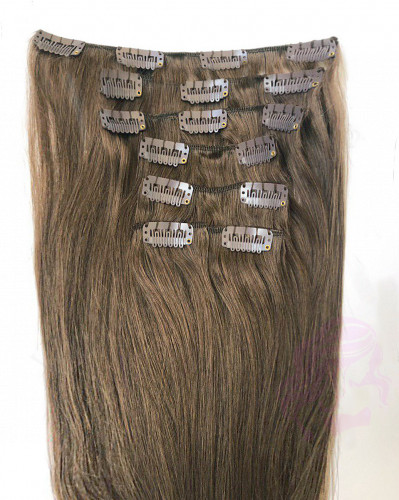 Натуральные волосы на заколках 38 см, 7 прядей, 100 грамм, светло-коричневые (№06)