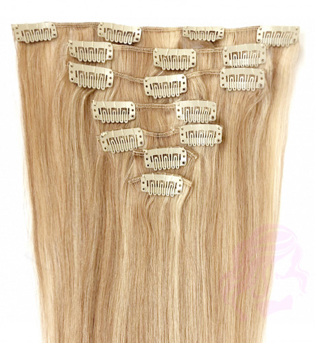 Натуральные волосы на заколках 38 см, 7 прядей, 70 грамм, темный блонд с мелированием (№27/613)