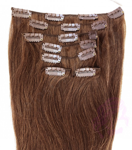 Натуральные волосы на заколках 38 см, 7 прядей, 70 грамм, коричневый (№04)