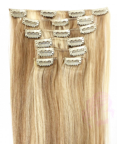 Натуральные волосы на заколках 38 см, 7 прядей, 70 грамм, светло-русые с мелированием (№18/613)